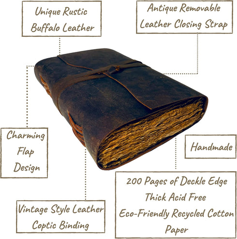 Vintage Leather Journal - 200 Pages Deckle Edge Rustic Paper, Unlined Book of Shadows, Grimoire, Sketchbook (Dark