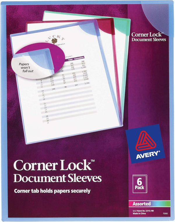 Avery Corner Lock Document Sleeves, Assorted Colors, 6 Plastic Sleeves, Holds up to 20 Sheets