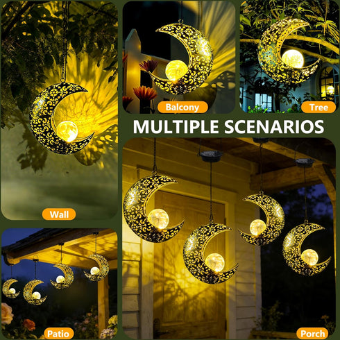 Solar Garden Hanging Moon Lights Outdoor Decor,Metal Lanterns Art Decorations for Outside Yard Lawn Patio Wall Fences
