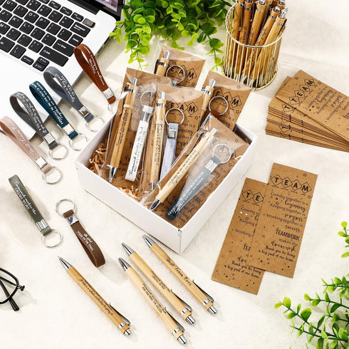 Sayglossy 36 Sets Team Gifts Bulk for Employee Motivational Bamboo Pens with Silicone Keychains Teamwork Bookmarks
