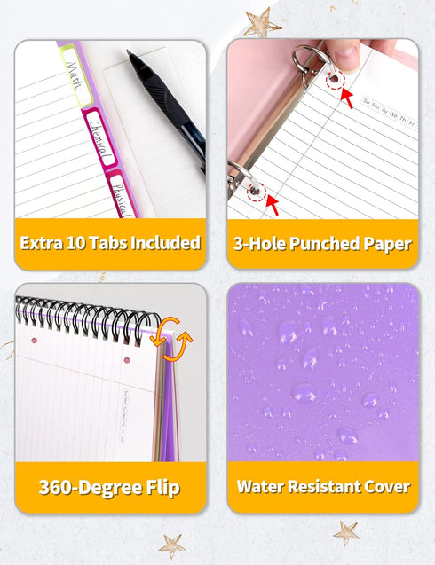 SUNEE 5 Subject Notebook College Ruled - 300 Pages, 8.2"x10.8", 5 Pocket Colored Dividers, 3-Hole Punched Paper