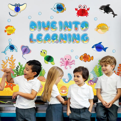 Ocean Fish Bulletin Board Classroom Decorations, Under The Sea Set, Sea Animal Life Paper Cutouts for Tropical Theme