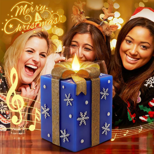 LCZLUMIPRO Christmas Flameless Gift Box Candle Hand-Painted Real Wax LED Candle with Remote Timer Battery Operated Blue