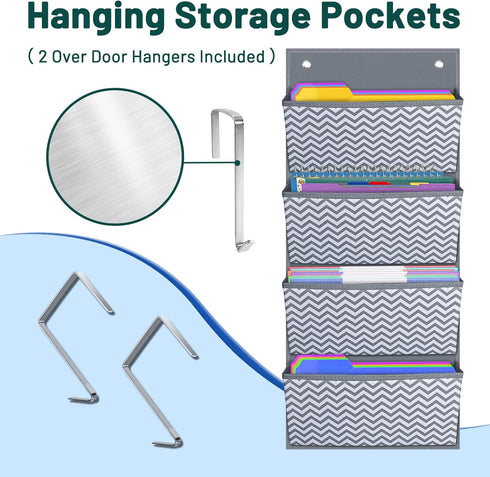 Folder Hanging Wall Mounted Storage Holder Pocket Chart, Fabric Organizer for Home School - Wave Pattern (4 Pockets)
