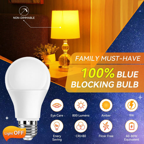 1800K Bulbs 2PK, 99.96% Bulbs,9W 60 A19 E26 Neporal Amber Sleep Light Blue Blocking Soft Warm Light Watt Equivalent