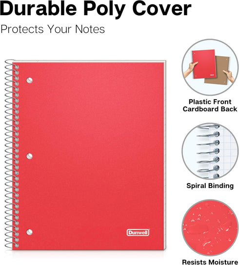 Dunwell Red Wide Ruled Spiral Notebook, 1 Subject, 100 Sheets, Plastic Cover, Perforated Pages, Poly Pocket Folder