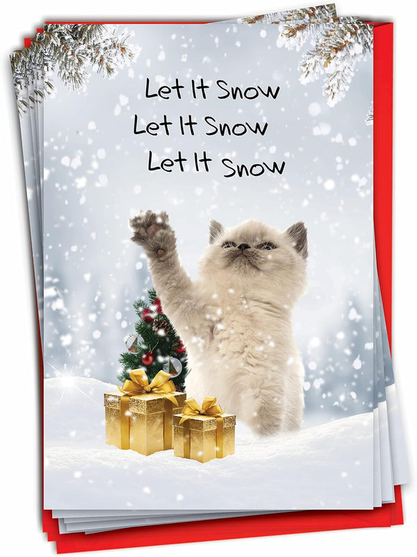 NobleWorks 12 Boxed Christmas Greeting Cards - Funny Animal Humor Holiday Bulk Set for Men, Women (1x12 Design) - Cat
