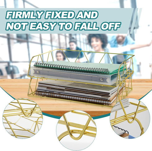 Yeaqee 4 Tier Stackable Paper Tray, Gold Desk Organizer Rack, Metal Letter File Organizer, Horizontal Holder for Office