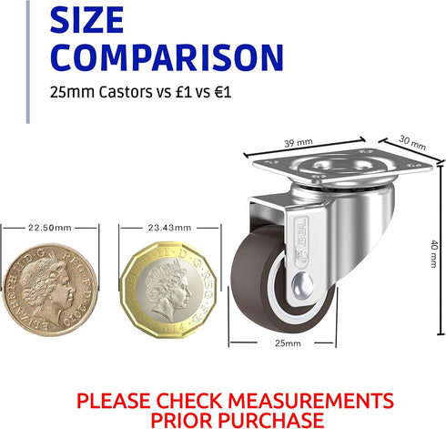 GBL 1" Small Caster Wheels with 2 Brakes + Screws - Set of 4 Low Profile Silent Casters for Cart and Furniture