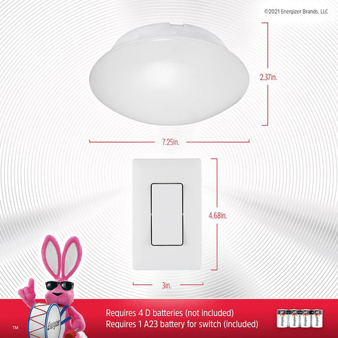 300 Closets, 58823-T1 Energizer LED Ceiling Light Fixture, Battery Operated, Wireless Wall Switch Remote, Lumens