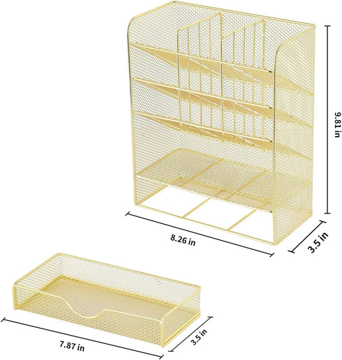 Spacrea Mesh Pen Organizer, Pencil Holder for Desk, Desk Organizer with Drawer for School, Home, Art Supplies, Gold
