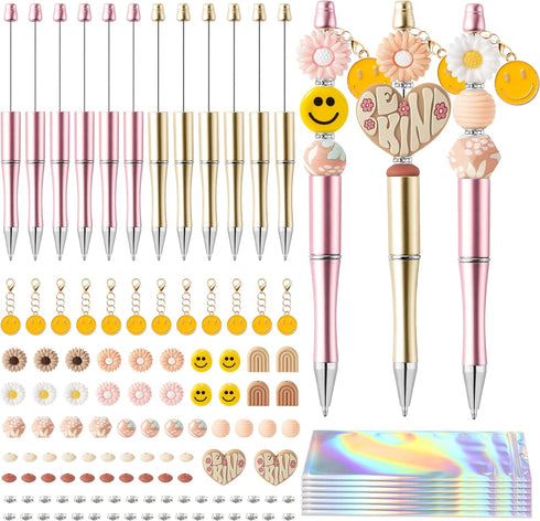 Wood Homing Daisy Beadable Pens - 12 Set Plastic DIY Black Ink Ballpoint Pen Making Kit for Kids, School Supplies