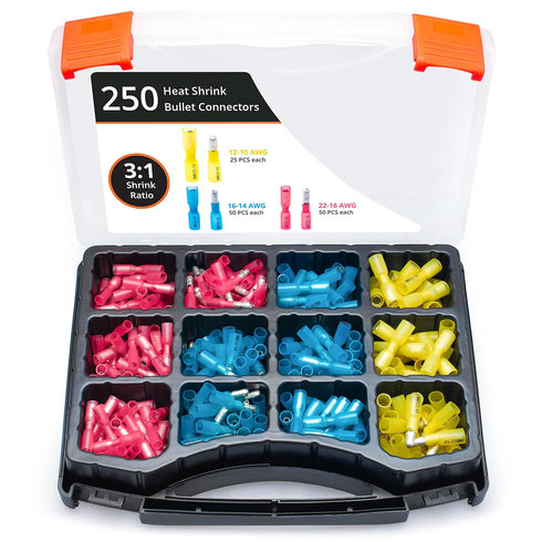 250 PCS Wirefy Heat Shrink Bullet Connectors, Male and Female Electrical Bullet Butt Terminals, 22-10 AWG