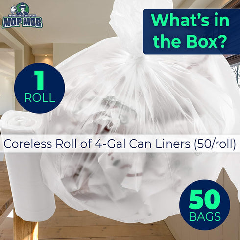 4 50 Count, Leak-Proof Clear Gallon Trash Can Liners, Coreless Roll, No Mess Disposal, Guaranteed for Life