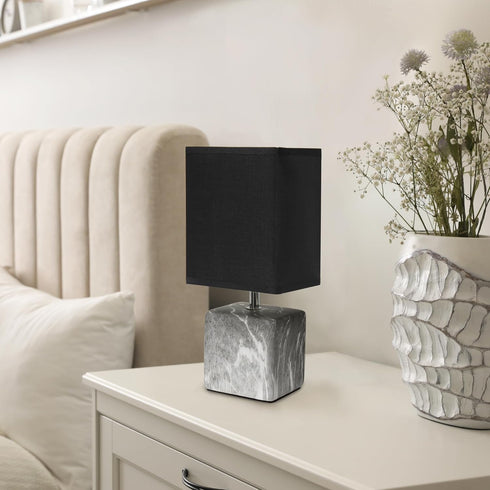 LT1217-BOB 11.81" Simple Designs Mini Marble Ceramic Cube Table Lamp, for Living Room, Bedroom, Office, Black
