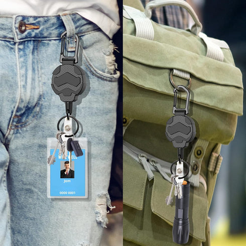 Retractable Keychain Badge Holder with Belt Clip, Heavy Duty Carabiner ID Badge Clip Reel, 32” Steel Cord, 1pcs Black