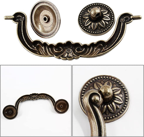 6 Pack Vintage Dresser Drawer Pull Handles, 3-3/4 Inch Hole Center, Yellow Bronze Drop Drawer Handles