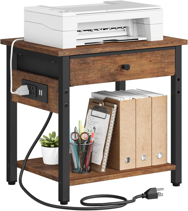 Gewudraw Printer Stand with Charging Station, 2-Tier Under Desk Printer Table, Side Table