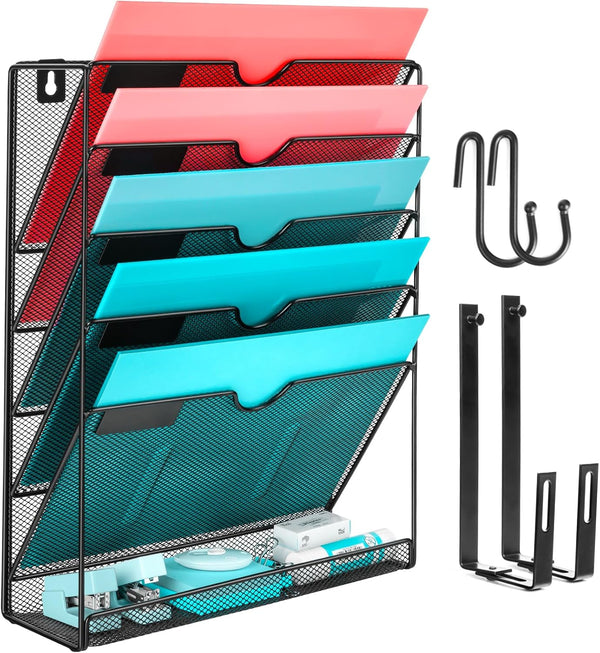 Wall File Organizer, 6 Pockets Mesh Hanging File Holder with Hooks for Office Supplies GALASALA