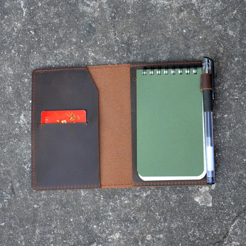 Leather Cover Compatible with Rite in the Rain & Rocketbook Mini Notebooks, Top Bound Spiral Notebook Cover, Memo Notepads Holder Leather Cover for 3"X5" Pocket Notepad With Pen Holder Darkbrown by YIYUS