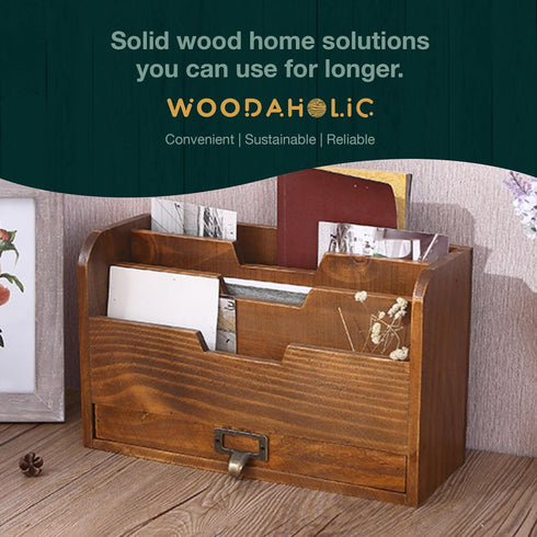 Mahogany Wood Wood Desktop File Organizer - Vertical Folder Sorter with 3 Document Compartments & 1 Paper Tray Drawer