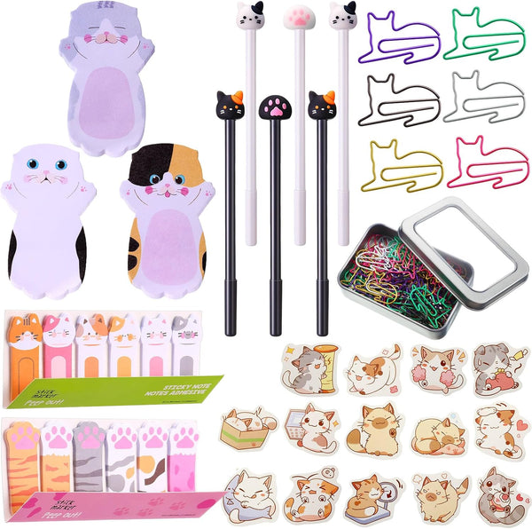 Outus Cat Office Supplies Set, Cat Sticky Notes, Paper Clips, Gel Ink Pens, Cartoon Cat Stickers for Cat Lovers