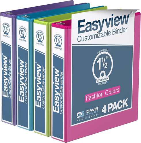 EasyView Premium 1.5-Inch Binders, 3-Ring Binders with Clear-View Covers, Pack of 4 for School, Office, or Home