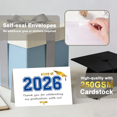 Yitla 50 Sets 2026 2026 Gold Foil Graduation Thank You Cards with Envelopes and Stickers, Blue Graduation Card Bulk