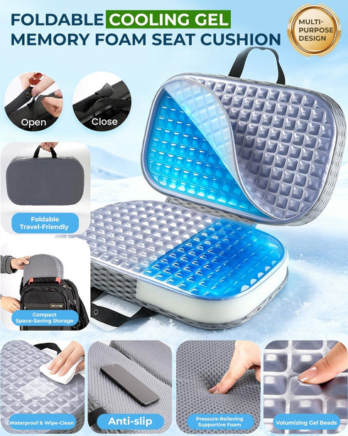 Yalfero Premium Gel & Memory Foam Seat Cushion, Extra Large Cooling Portable Chair Pad for Long Sitting, Seat Cushion