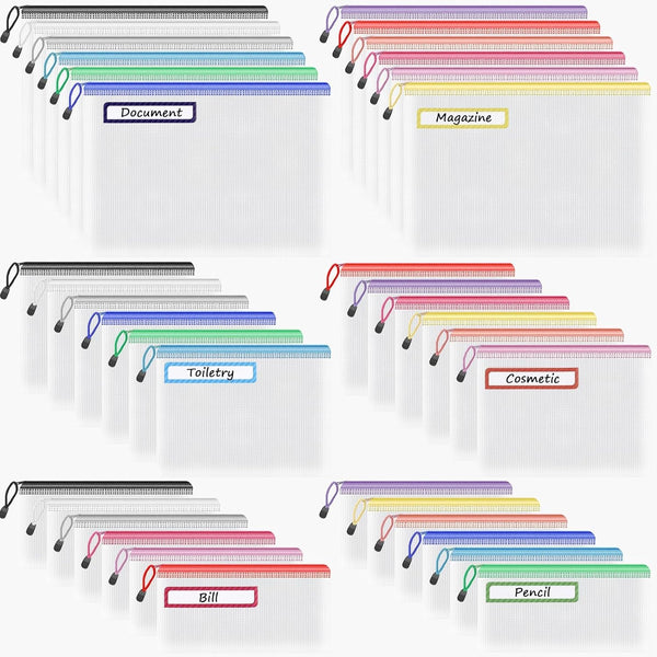 Umriox Multisize Mesh Zipper Pouch Bags - 36 Pack (A4+A5+A6, 12 Colors) for Organizing Pencil Pouch School Office Travel