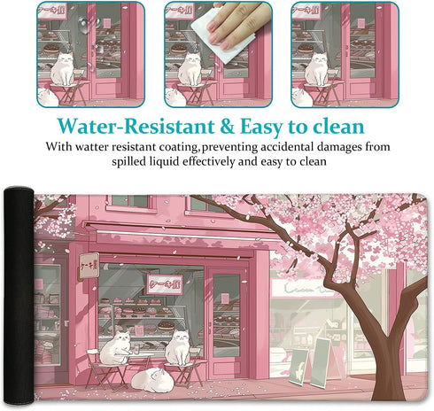 LIMKRIAN 31.5in Cat Mouse Pad Large Desk Mat, Pink Cherry Blossom Computer Mousepad with Stitched Edges Non-Slip