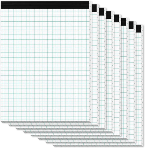 Graph Paper Pads, 8.5 x 11, 8 Pack, 4x4 Quad Grid, 30 Sheets/Pad, Easy Tear Off Design, White