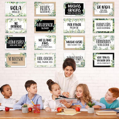 gisgfim 16 Pcs Spanish Words and Phrases Poster Set, Bulletin Board Decoration for Classroom Language Decor