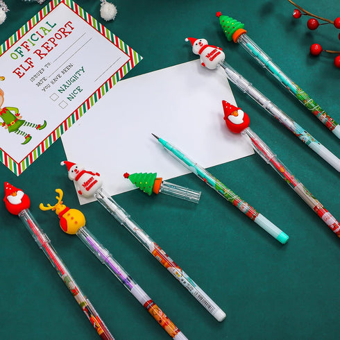 Christmas Pencils Multi-Point Stackable Push Pencils Decorated with Santa, Xmas Tree, Deer, and Snowman (24 Pieces)