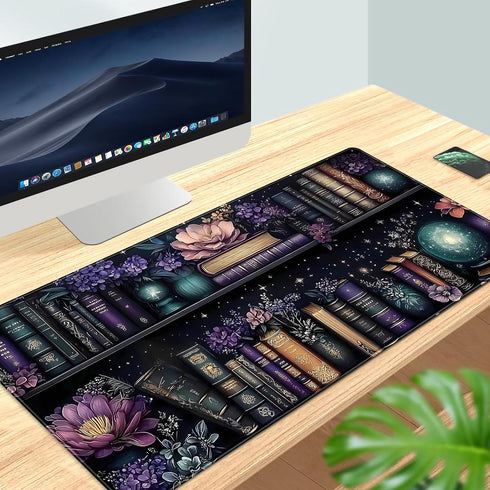 FGRWW 31.5x15.7 Purple Flowers Bookshelf Desk Mat Bookish Desk Pad Celestial Floral Books Large Mouse Pad XXL Extended