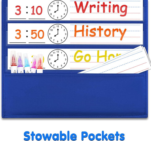 Daily Schedule Pocket Chart, Class Schedule with 13+1 Pockets, 18 Dry Eraser Cards, 2 Easy Over Door Mountings (Blue)