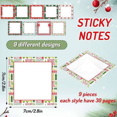 Whaline 9Pcs Christmas Sticky Notes, Red Green Christmas Elements Design for Holiday Home Office Classroom Supplies