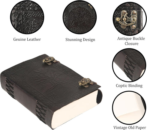 TUZECH Large Leather Journal, 600 Pages, Embossed Tree of Life, 7 x 10, Black, Writing Notebook