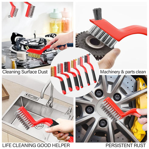 Wire Brush Set, 6-Piece Nylon/Brass/Stainless Steel Brushes with Curved Handle for Rust and Paint Cleaning