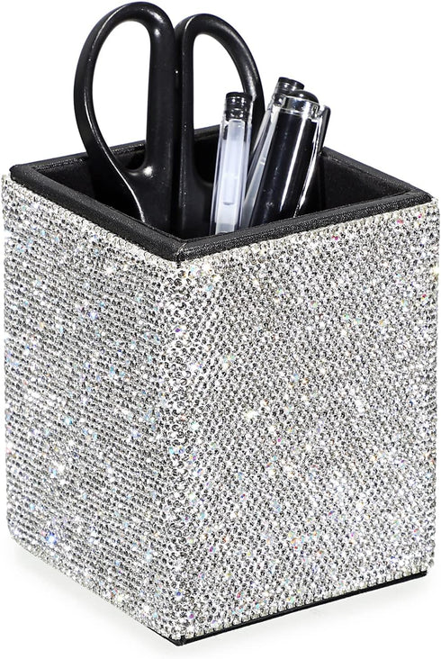 BTSKY Crystal Glitter Pen Holder for Desk, Shiny Pencil Pot Box, Decorative Makeup Brushes Holder, Great Gift for Women