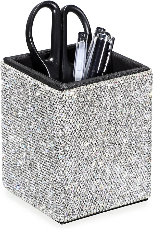 BTSKY Crystal Glitter Pen Holder for Desk, Shiny Pencil Pot Box, Decorative Makeup Brushes Holder, Great Gift for Women