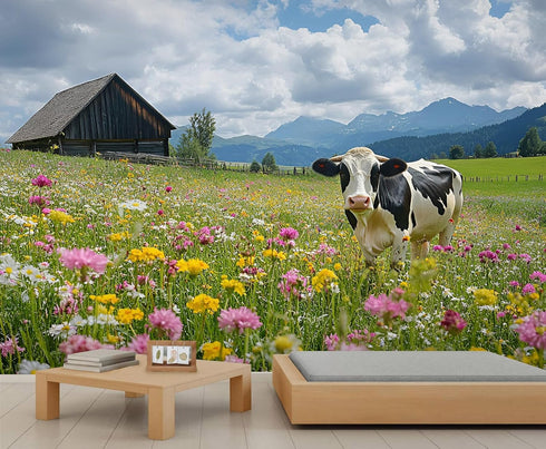 DUPIELU 78.7" 55.1" Dairy Cows Wallpaper, Western Farms Mural, Floral Animals Mural Wallpaper for Living Room Bedroom