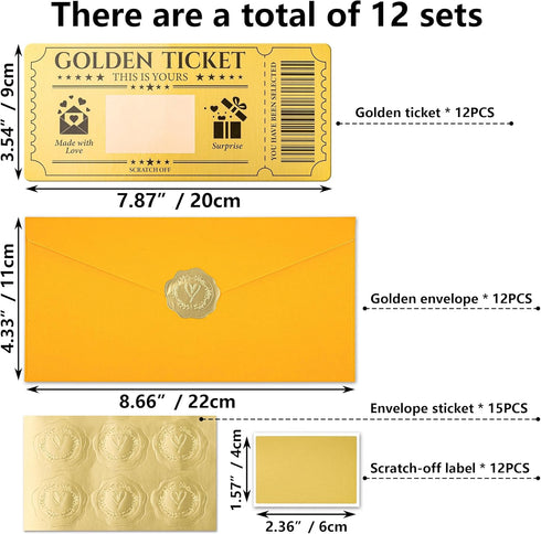 VELATYVIO 12 Sets Golden Ticket Custom Scratch off Cards with Envelope and Stickers Surprise Gift Certificates
