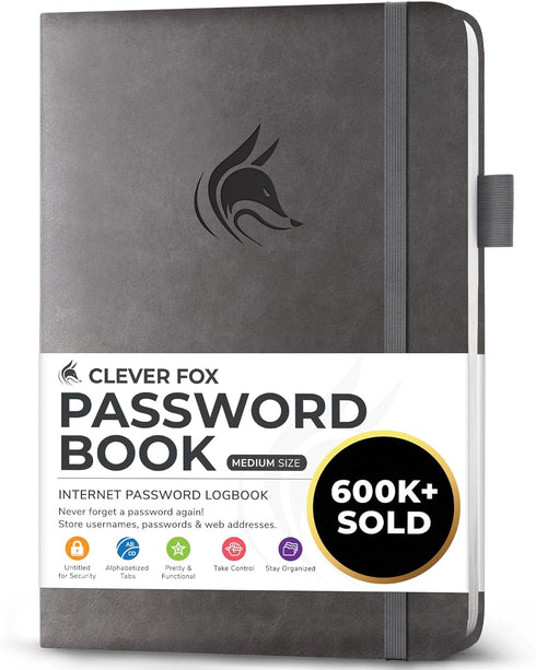 Clever Fox Password Book with Alphabetical Tabs, Internet Address Organizer Logbook, Medium Password Keeper for Website