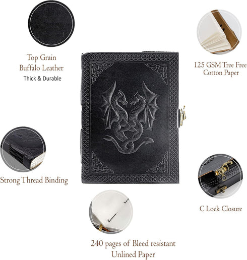 Handmade Leather Double Dragon Journal/Writing Notebook Diary/Bound Daily Notepad for Men & Women Unlined Paper Medium, Writing pad for Artist, Sketch by Komal's Passion Leather