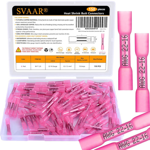 150 PCS 22-16 AWG Heat Shrink Butt Connectors RED Pre-Insulated Marine Grade Insulated Butt Splice Connectors