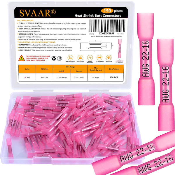 150 PCS 22-16 AWG Heat Shrink Butt Connectors RED Pre-Insulated Marine Grade Insulated Butt Splice Connectors