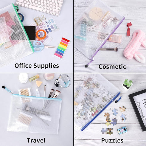 EOOUT 24pcs Mesh Zipper Pouch Bags – A4 Waterproof Zipper Bags for Organizing School, Toys, and Office Supplies