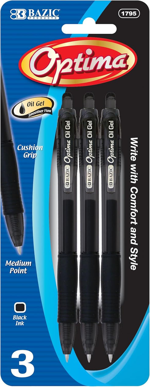 BAZIC Optima Black Retractable Oil-Gel Pen w/ Grip (3/Pack) by BAZIC Products