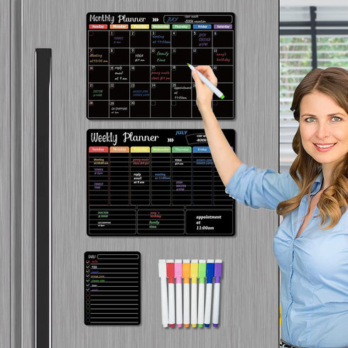 Hivillexun Magnetic Black Dry Erase Calendar White Board Set (3-Pack) for Home & Office, Includes 8 Markers